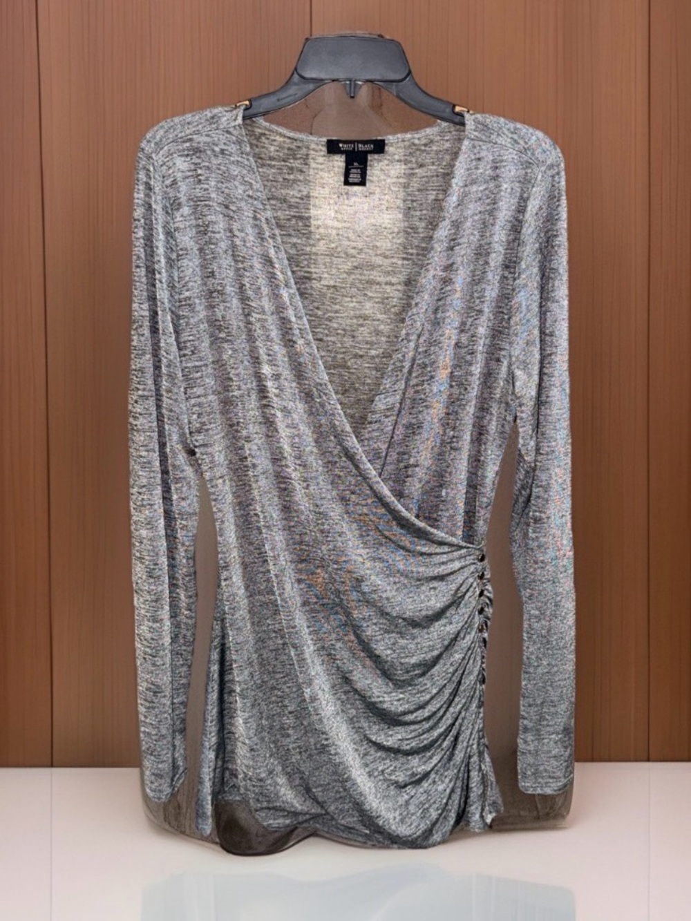 NwoT White House Black Market Metallic Heather Gray Wrap-Front Top w/Ruching-XL